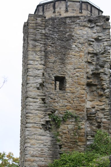 Ruin einer steinernen Turmstruktur mit einem kleinen Fenster, umgeben von Pflanzen.