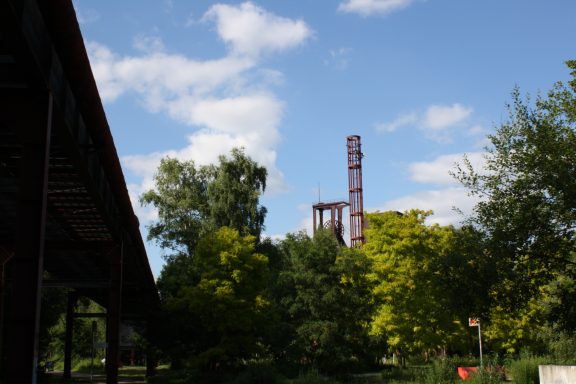 Industriegebäude mit Holz überhang sowie grüner Laubwald und blauer Himmel im Hintergrund.